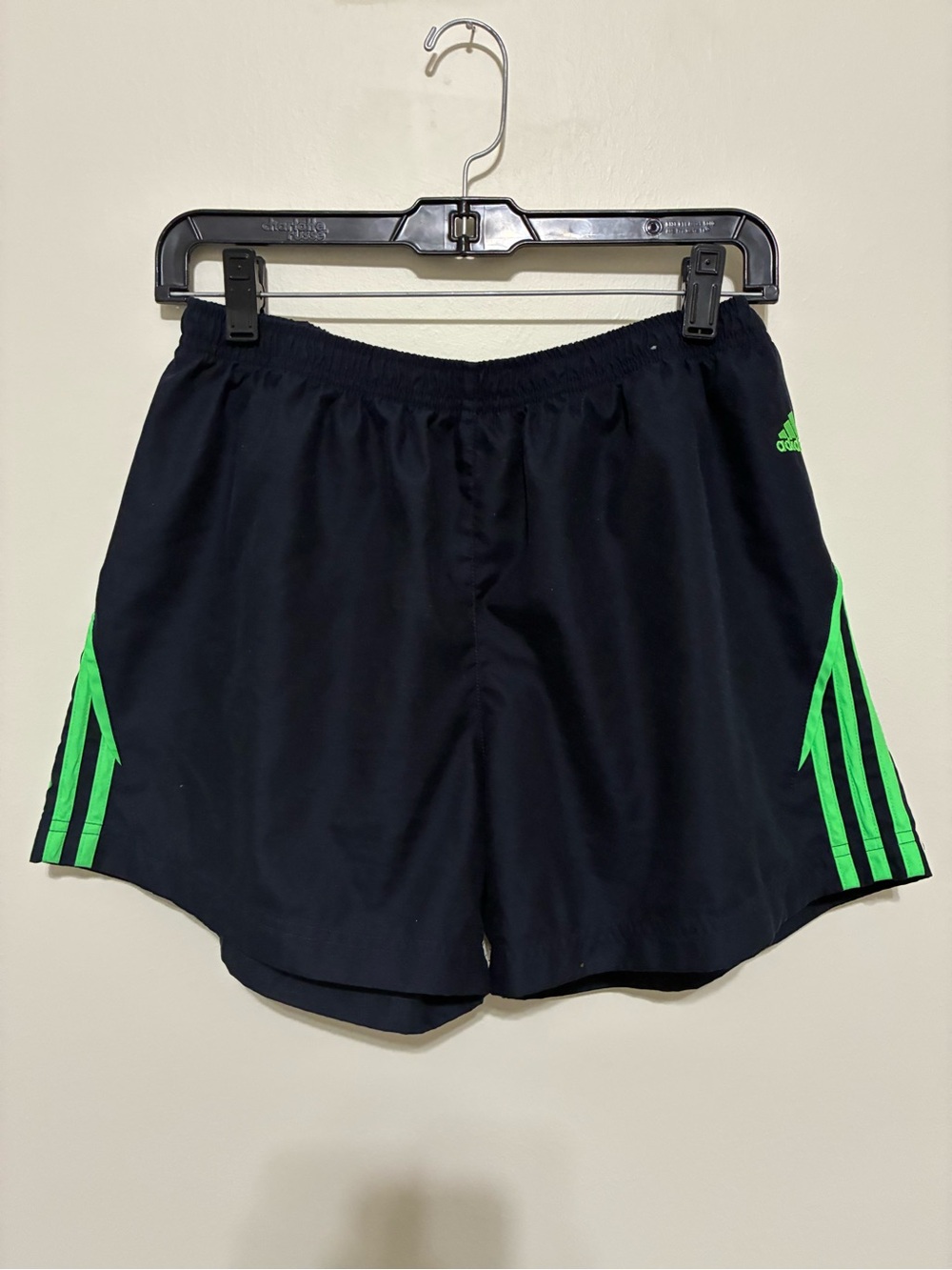 2009 adidas Navy Athletic Shorts with Neon Green Stripes